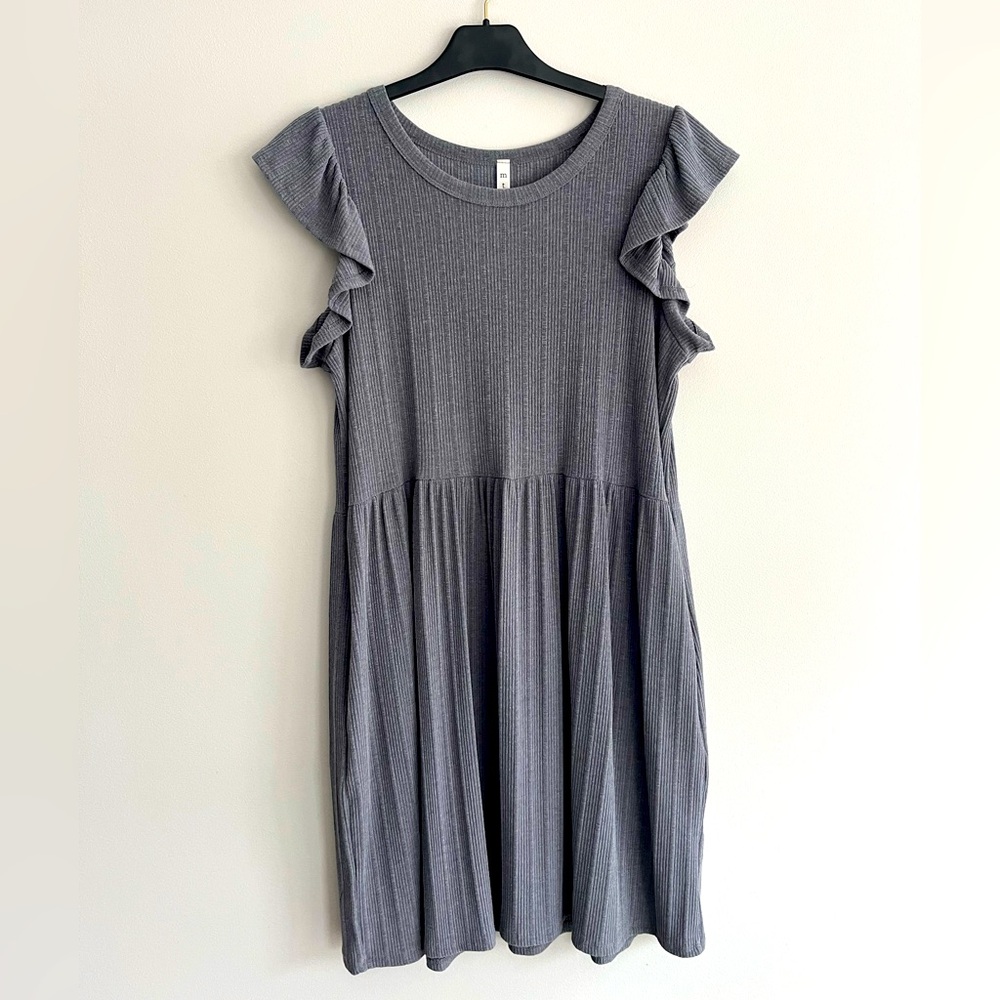 Mts Gray Ribbed Flutter Sleeve Dress Medium
